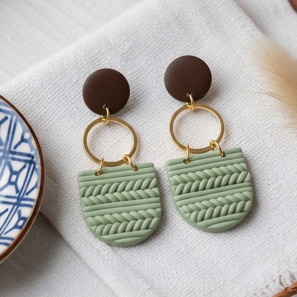 Sage Green Polymer Clay Wood Dangle Earrings Gold Plated Sterling Silver Posts - Picture 15 of 17